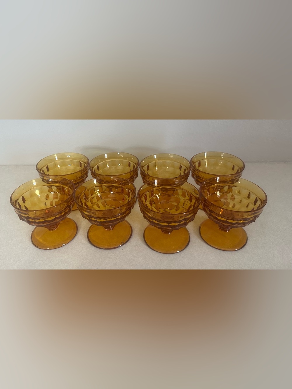 Vintage American Whitehall Colony Cubist Amber Sherbet Dessert Cups - Set Of 8